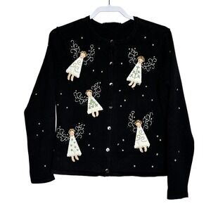 Carroll Reed Black‎ Angel Embroidered Knit Button Cardigan cottagecore